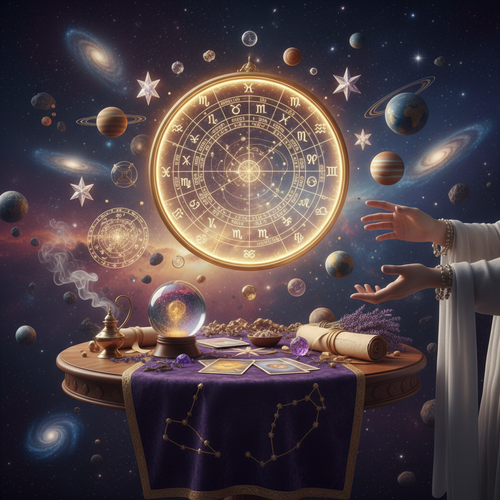 Mystical astrology reading with birth chart and celestial symbols