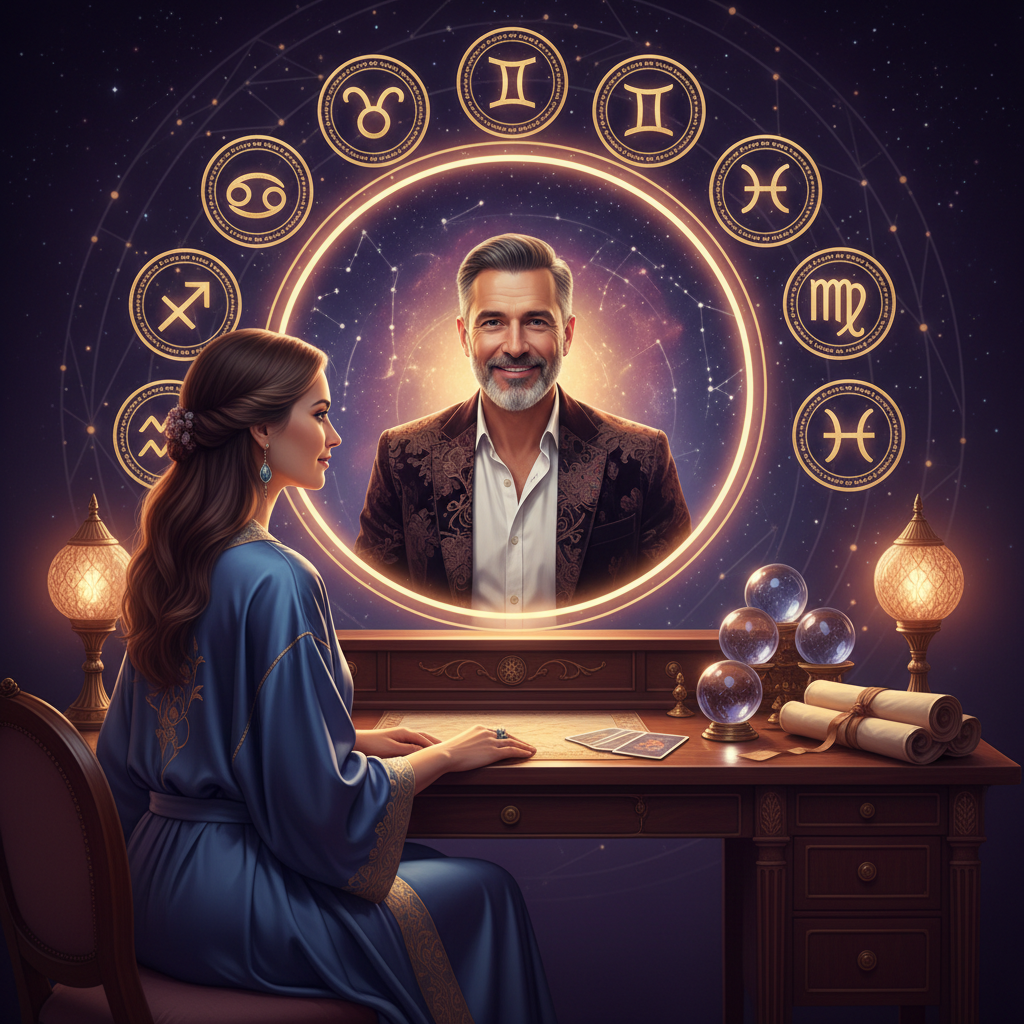 Premium live astrology video consultation with celestial and zodiac imagery